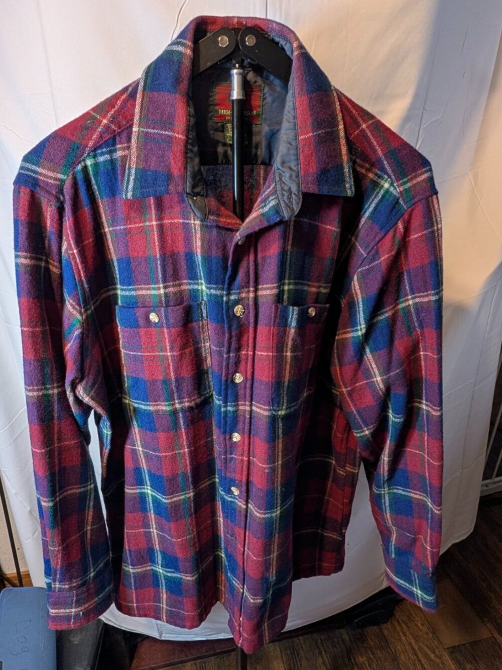 Vtg HIGH SIERRA Men Flannel Shacket Button Sz L PlaidMaroon 90s Fishing Outdoors